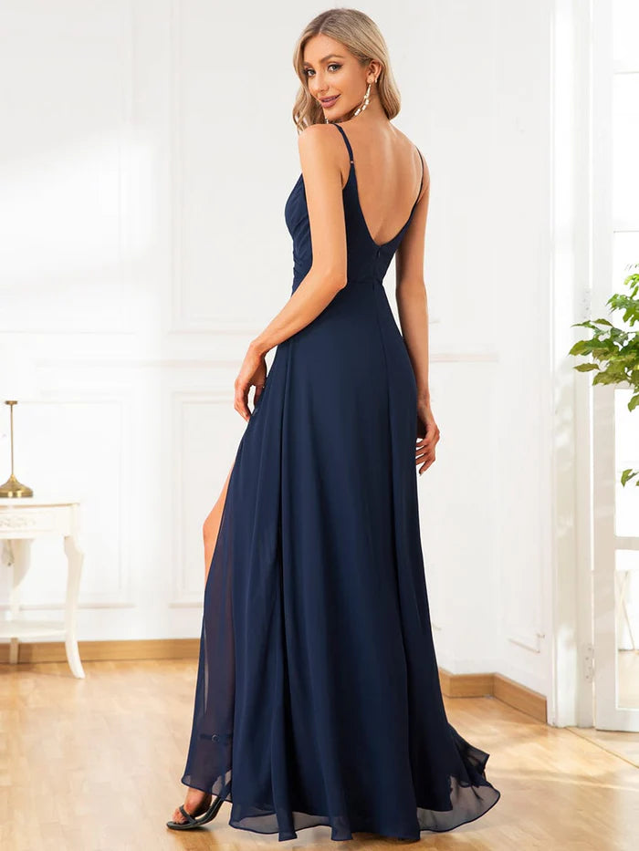 Spaghetti Strap Pleated V-Neck High Slit Bridesmaid Dress