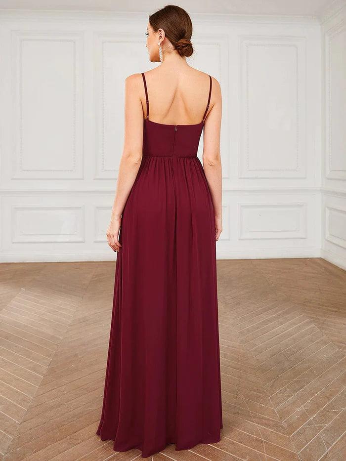 Spaghetti Strap V-Neck Pleated Floor Length Bridesmaid Dress