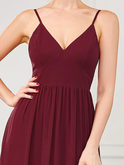 Spaghetti Strap V-Neck Pleated Floor Length Bridesmaid Dress