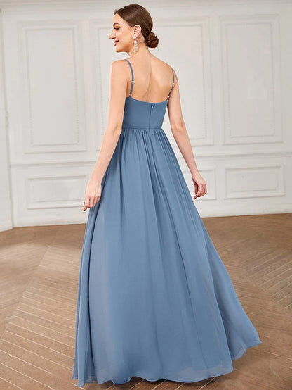 Spaghetti Strap V-Neck Pleated Floor Length Bridesmaid Dress