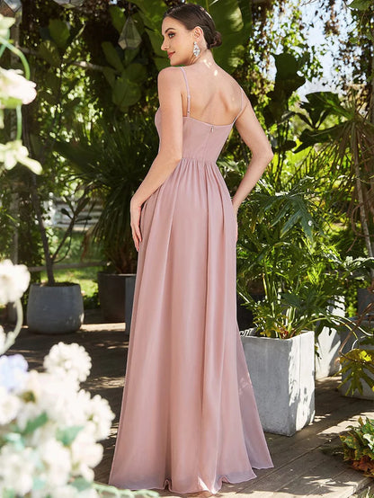 Spaghetti Strap V-Neck Pleated Floor Length Bridesmaid Dress