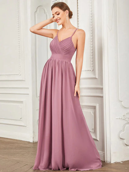 Chiffon Spaghetti Strap V-Neck Pleated A-Line Bridesmaid Dress