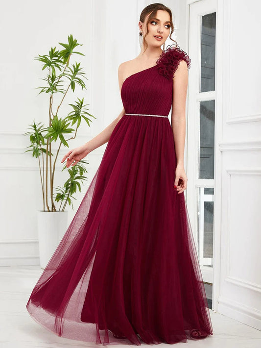 Ruffled One Shoulder Sequin Waist A-Line Tulle Bridesmaid Dress