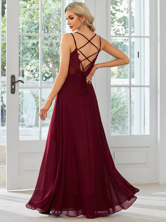 Chiffon and Lace Open Back Bridesmaid Dress with Spaghetti Straps