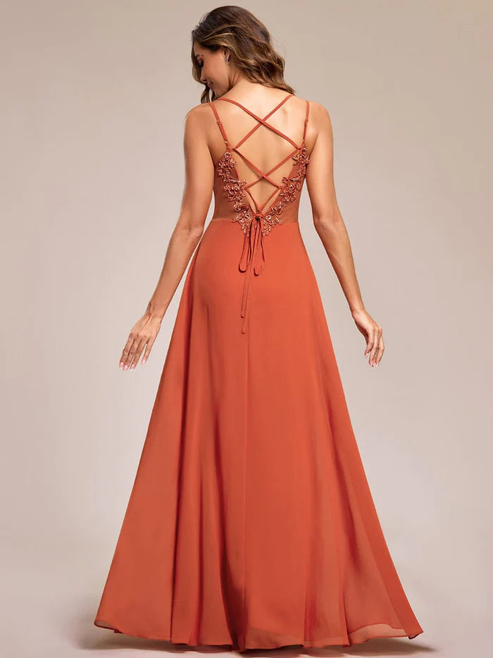 Chiffon and Lace Open Back Bridesmaid Dress with Spaghetti Straps