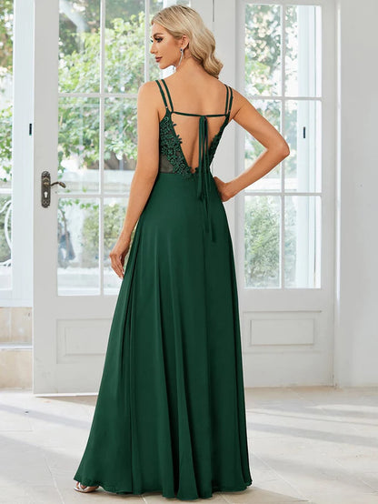 Chiffon and Lace Open Back Bridesmaid Dress with Spaghetti Straps