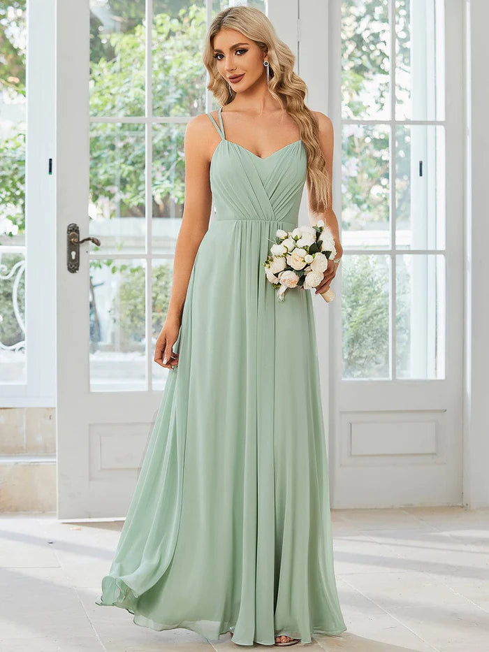 Chiffon and Lace Open Back Bridesmaid Dress with Spaghetti Straps