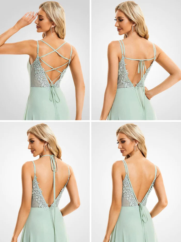 Chiffon and Lace Open Back Bridesmaid Dress with Spaghetti Straps