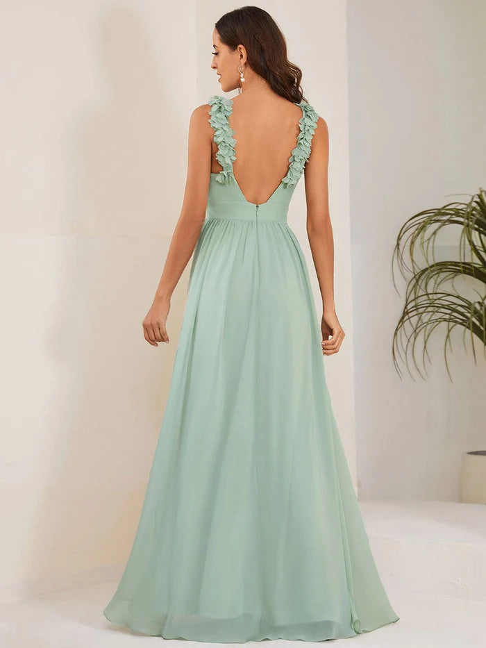 Sleeveless Floral Applique V-Neck A-Line Chiffon Bridesmaid Dress