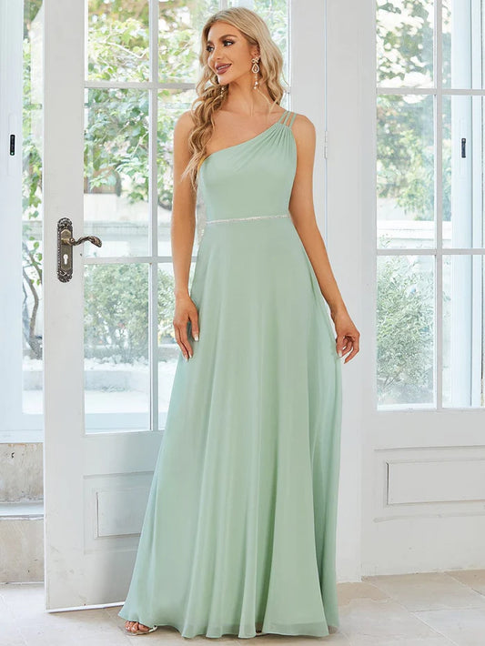 Custom Size Flowy Chiffon One-Shoulder Bridesmaid Dress with Spaghetti Strap