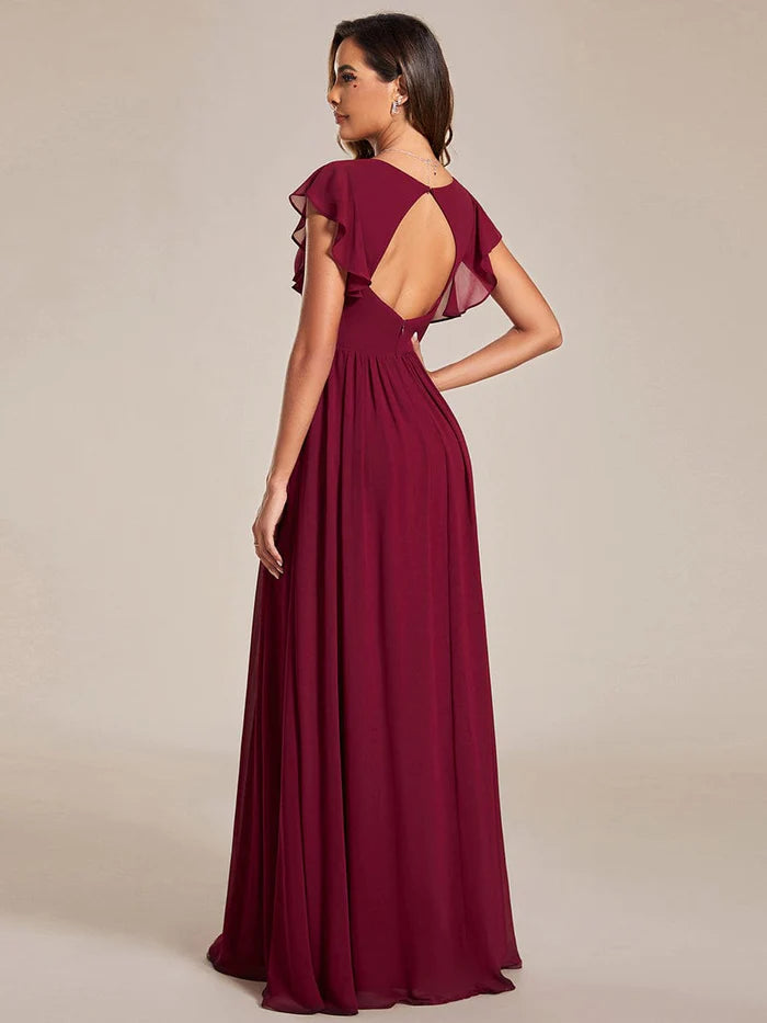 Elegant V-Neck Open Back Chiffon Bridesmaid Dress with Ruffled Sleeves