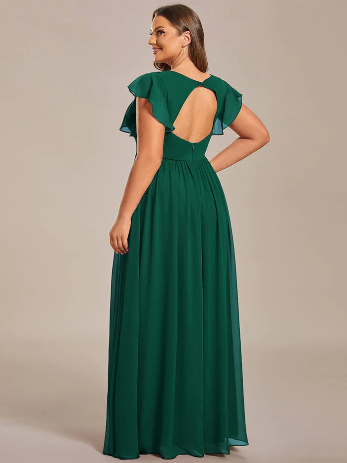 Elegant V-Neck Open Back Chiffon Bridesmaid Dress with Ruffled Sleeves