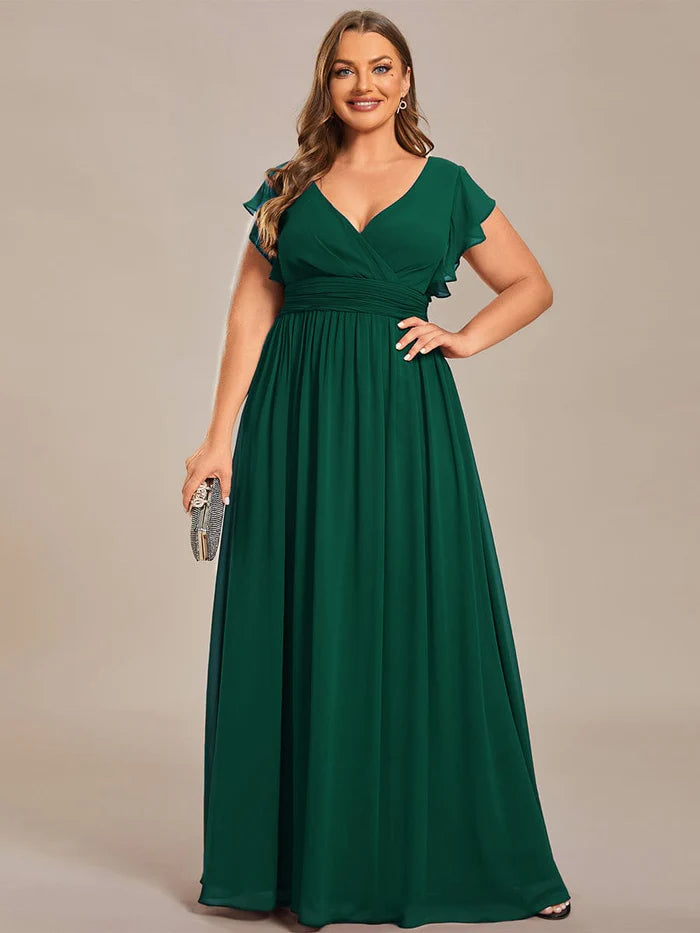 Elegant V-Neck Open Back Chiffon Bridesmaid Dress with Ruffled Sleeves