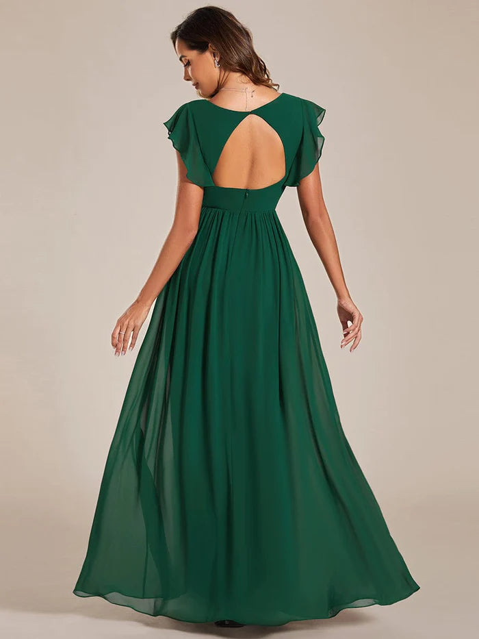 Elegant V-Neck Open Back Chiffon Bridesmaid Dress with Ruffled Sleeves