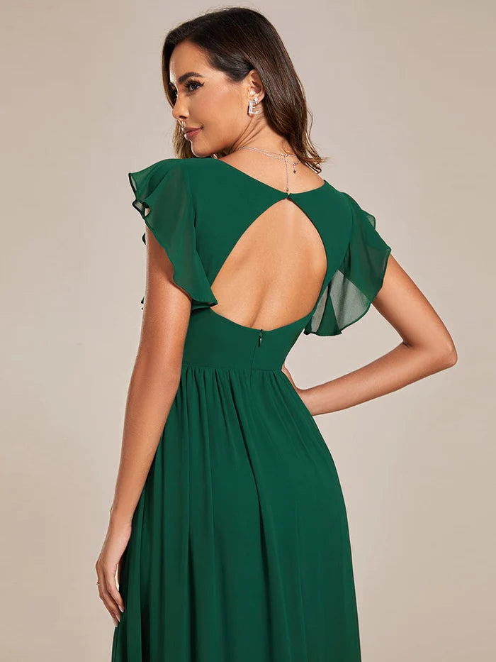 Elegant V-Neck Open Back Chiffon Bridesmaid Dress with Ruffled Sleeves