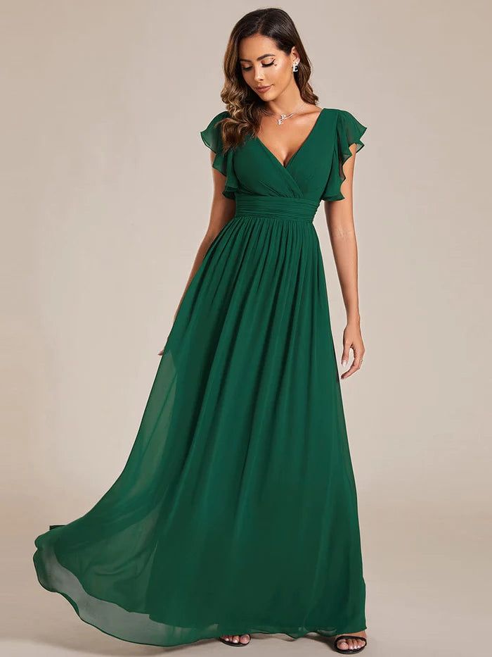 Elegant V-Neck Open Back Chiffon Bridesmaid Dress with Ruffled Sleeves