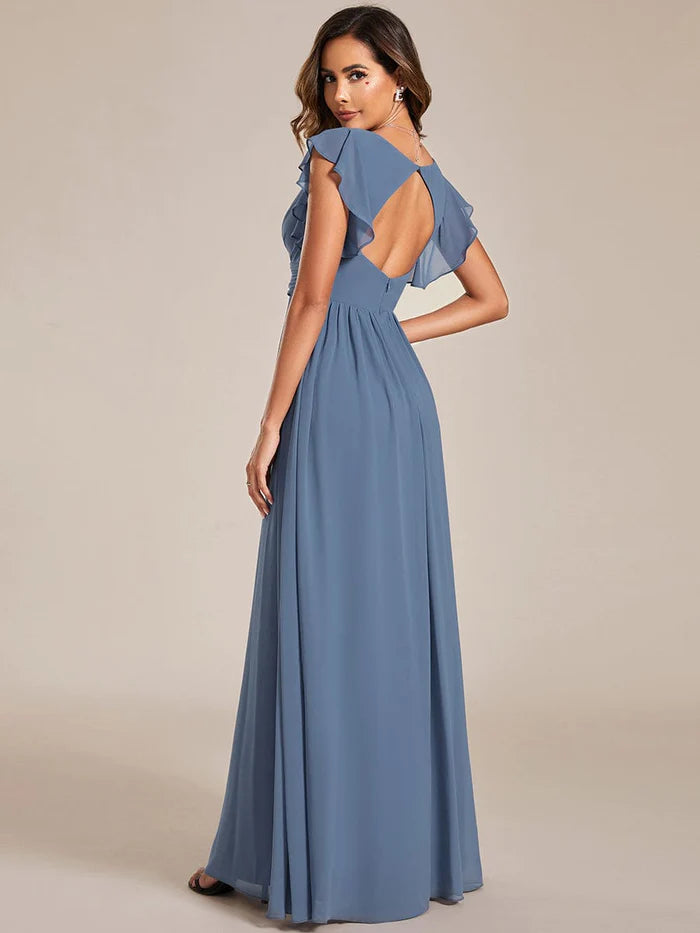 Elegant V-Neck Open Back Chiffon Bridesmaid Dress with Ruffled Sleeves