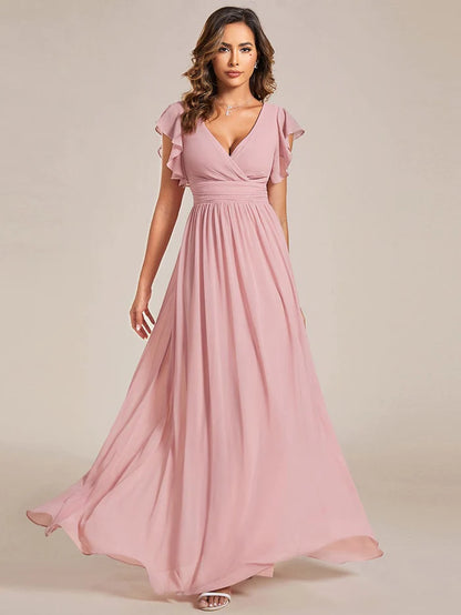 Elegant V-Neck Open Back Chiffon Bridesmaid Dress with Ruffled Sleeves