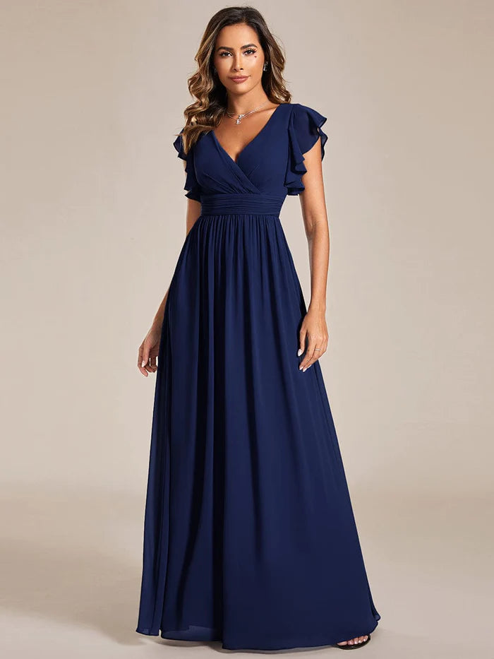 Elegant V-Neck Open Back Chiffon Bridesmaid Dress with Ruffled Sleeves