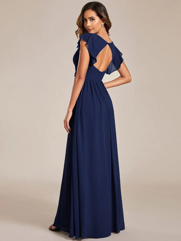 Elegant V-Neck Open Back Chiffon Bridesmaid Dress with Ruffled Sleeves