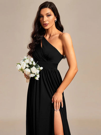 One-Shoulder Hollow Out A-line Bridesmaid Dress with High Slit