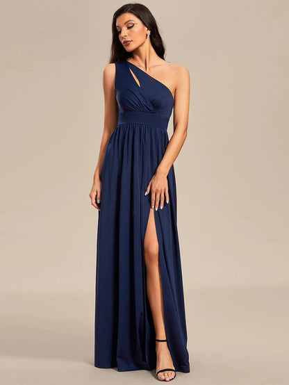 One-Shoulder Hollow Out A-line Bridesmaid Dress with High Slit