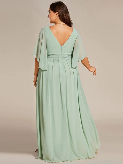 Half Sleeve V-Neck Pleated High Slit A-Line Chiffon Bridesmaid Dress