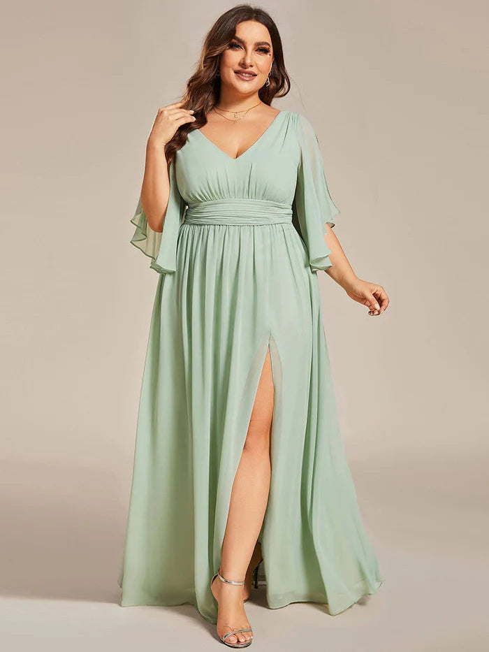 Half Sleeve V-Neck Pleated High Slit A-Line Chiffon Bridesmaid Dress