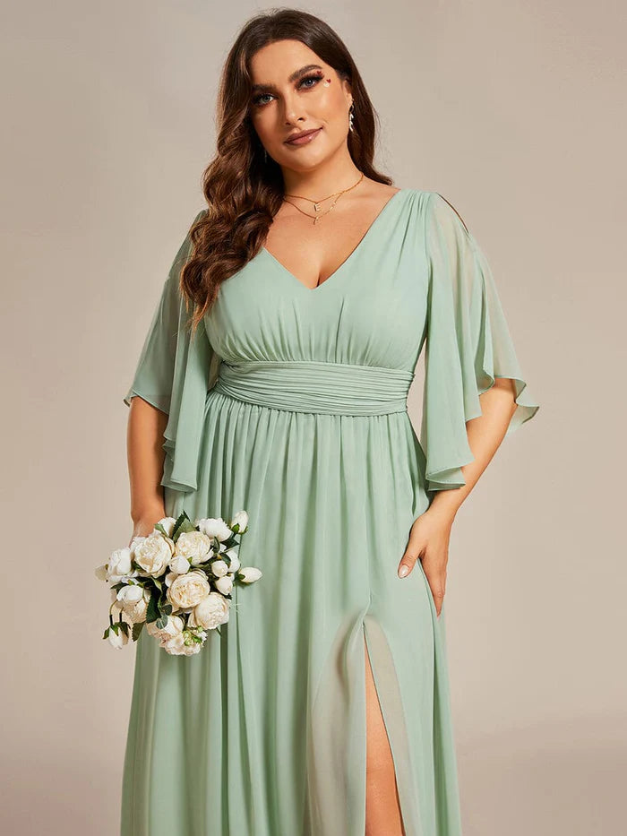 Half Sleeve V-Neck Pleated High Slit A-Line Chiffon Bridesmaid Dress