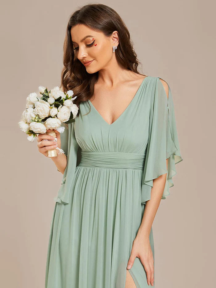 Half Sleeve V-Neck Pleated High Slit A-Line Chiffon Bridesmaid Dress