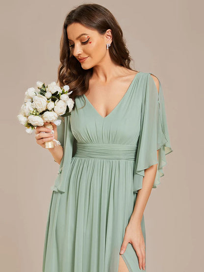 Half Sleeve V-Neck Pleated High Slit A-Line Chiffon Bridesmaid Dress