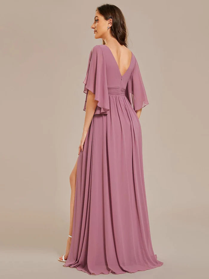 Chiffon A-Line Half Sleeves High Slit Bridesmaid Dress