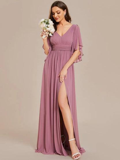 Half Sleeve V-Neck Pleated High Slit A-Line Chiffon Bridesmaid Dress