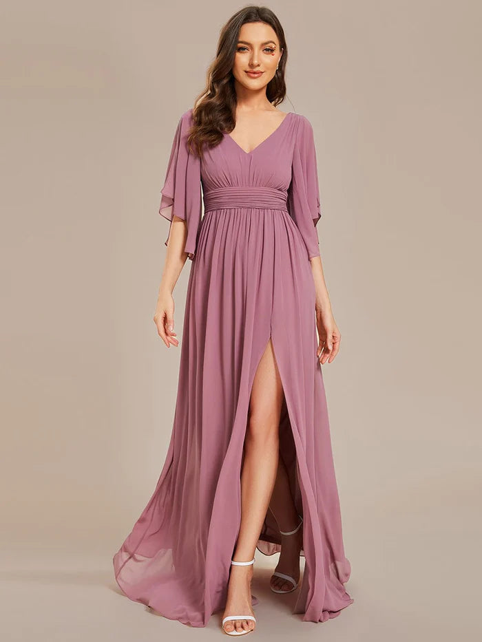 Half Sleeve V-Neck Pleated High Slit A-Line Chiffon Bridesmaid Dress