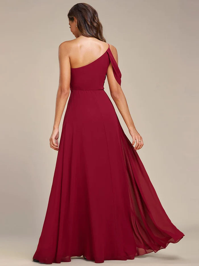 One-Shoulder Backless Asymmetric Pleated Chiffon Bridesmaid Dress