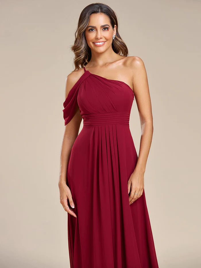 One-Shoulder Backless Asymmetric Pleated Chiffon Bridesmaid Dress