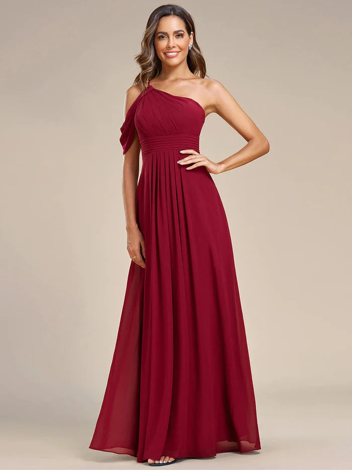 One-Shoulder Backless Asymmetric Pleated Chiffon Bridesmaid Dress