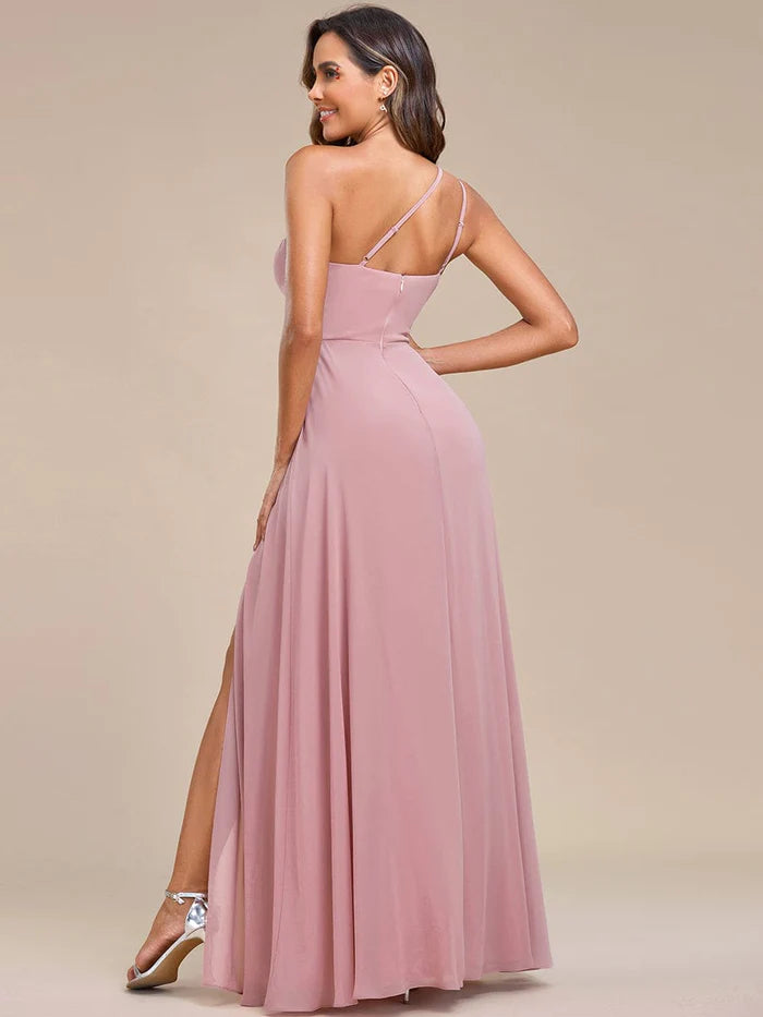 Elegant Applique One-Shoulder A-Line Bridesmaid Dress with High Slit