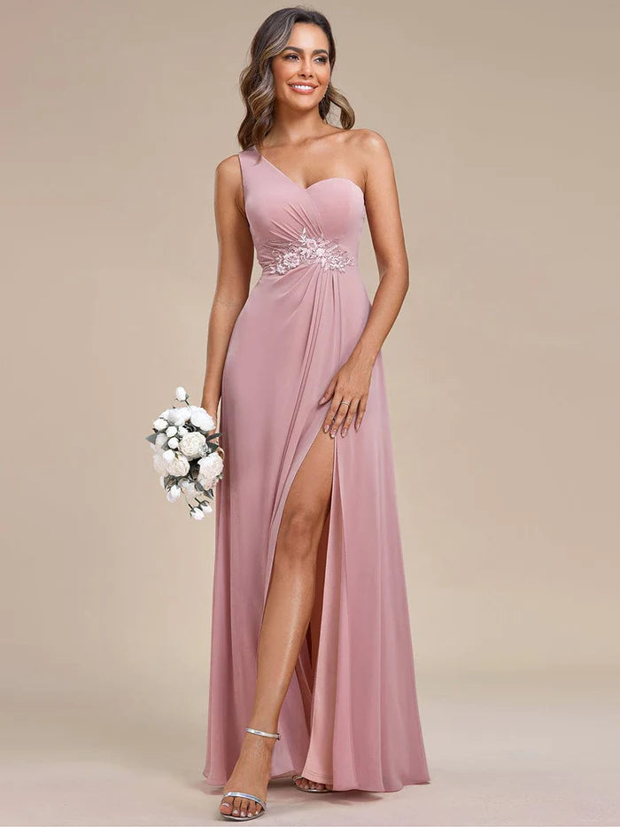 Elegant Applique One-Shoulder A-Line Bridesmaid Dress with High Slit