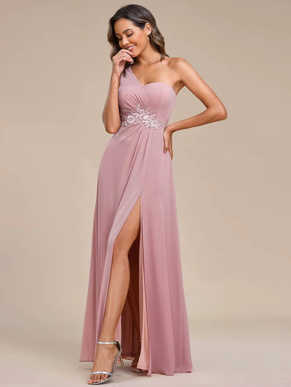 Elegant Applique One-Shoulder A-Line Bridesmaid Dress with High Slit