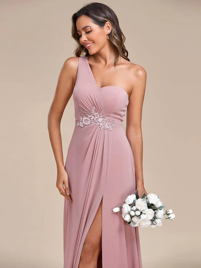 Elegant Applique One-Shoulder A-Line Bridesmaid Dress with High Slit