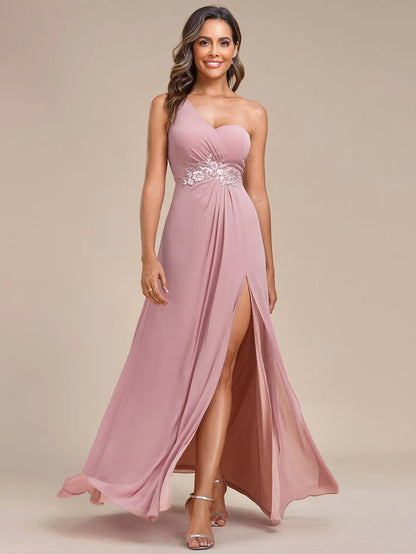 Elegant Applique One-Shoulder A-Line Bridesmaid Dress with High Slit