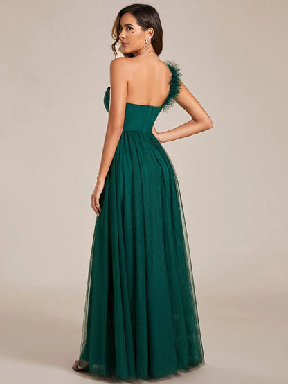 Elegant One Shoulder Maxi Tulle High Slit Bridesmaid Dress