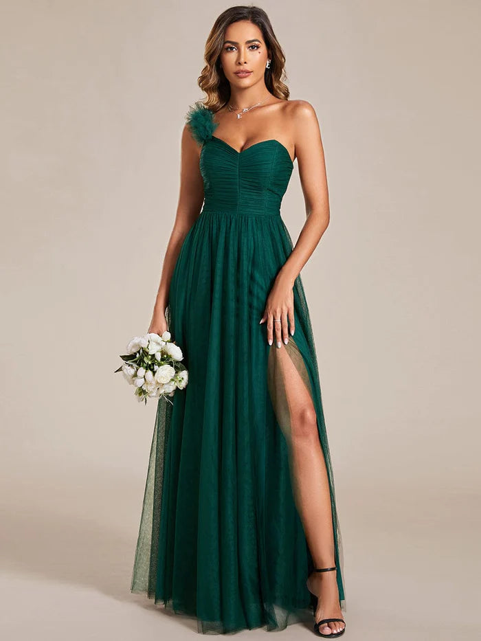 Elegant One Shoulder Maxi Tulle High Slit Bridesmaid Dress