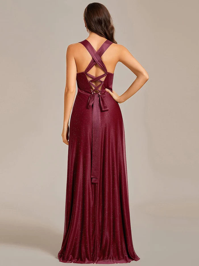 Glittery V-Neck Sleeveless Bridesmaid Dress with Adjustable Lace-Up Back