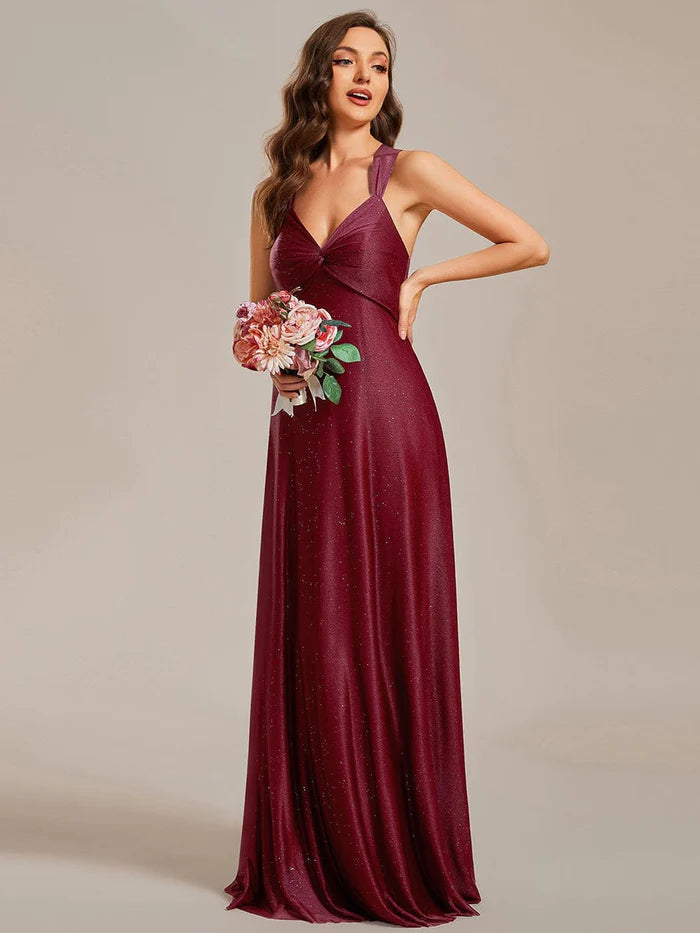 Glittery V-Neck Sleeveless Bridesmaid Dress with Adjustable Lace-Up Back