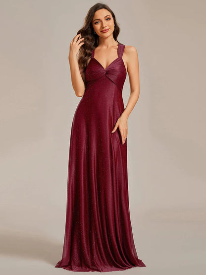 Glittery V-Neck Sleeveless Bridesmaid Dress with Adjustable Lace-Up Back