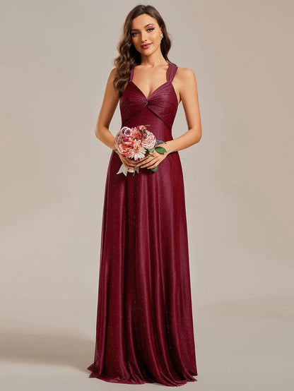 Glittery V-Neck Sleeveless Bridesmaid Dress with Adjustable Lace-Up Back