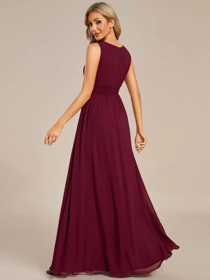 Simple Sleeveless A-line Chiffon Bridesmaid Dess with Hollow Out Detail