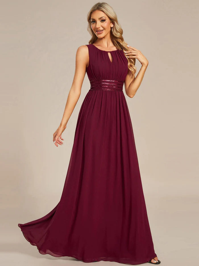 Simple Sleeveless A-line Chiffon Bridesmaid Dess with Hollow Out Detail